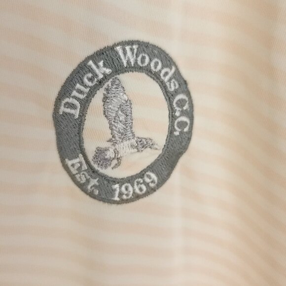 FootJoy FJ Golf Polo Shirt Men's Large Pink White Striped Embroidered Duck Woods - Picture 3 of 15